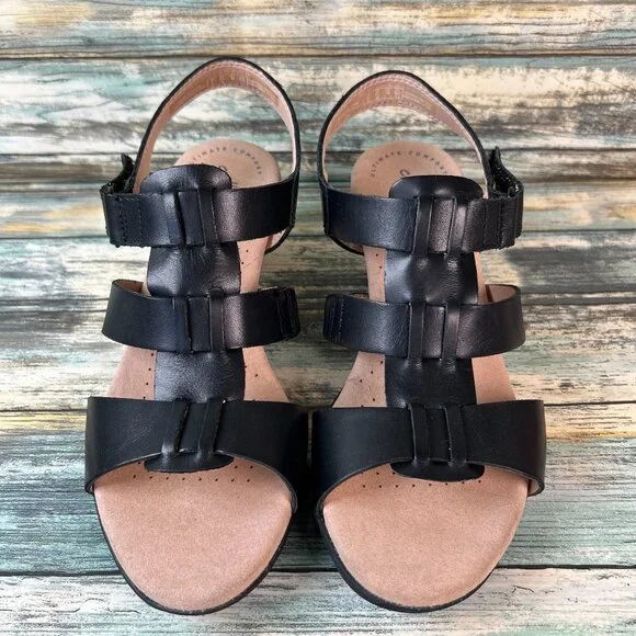 Clarks Sandals Size 7.5M Valarie Kerry Black Leather Dress Work Comfort Open Toe - Picture 3 of 10